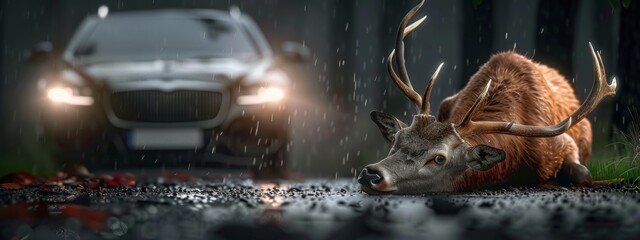 Road accident with a deer. A forest deer ran out onto the road and got into an accident. Deer hit by car - obrazy, fototapety, plakaty
