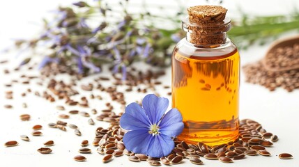 Commercial photography, close-up, white background, a bottle of linseed oil with an orange label, a bunch of linseeds and some linseed flowers in front