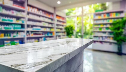 Refined Dispensary Scene: Empty Marble Countertop with Blurred Pharmacy Background