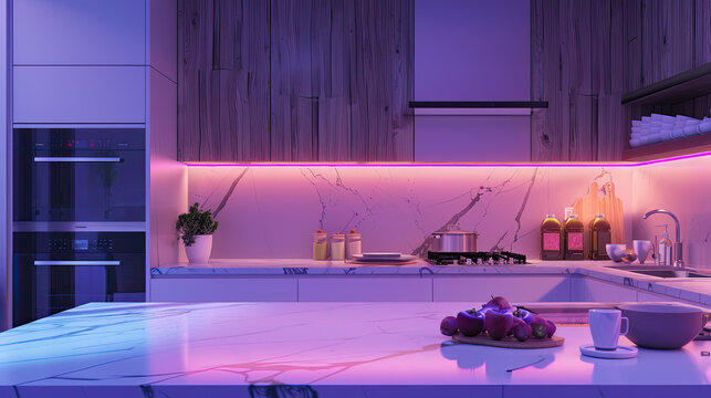 Modern Kitchen with Marble Island and Purple Lighting