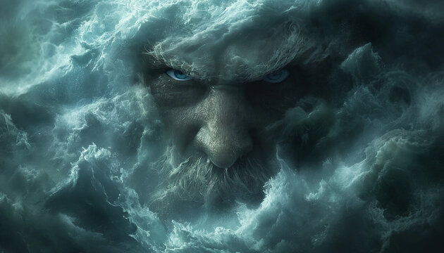 The face of a god in the ocean. The water god Poseidon. The wrath of god