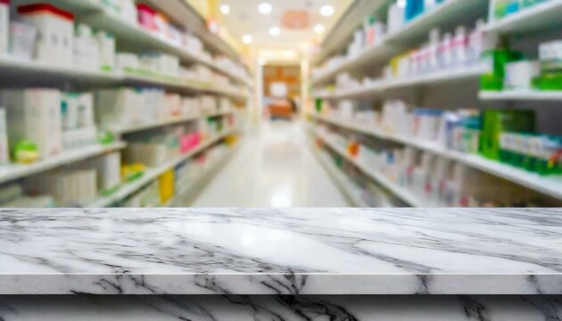 Aesthetic Pharmacy Design: White Marble Counter with Shelves Out of Focus