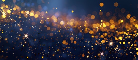 gold stars particles and sparkling on navy blue background