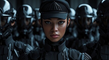 Confident female leader in front of her futuristic squad - obrazy, fototapety, plakaty