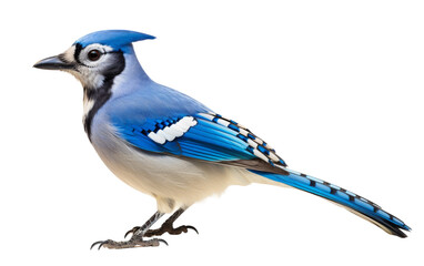 A striking blue and white bird perches gracefully against a pristine white backdrop