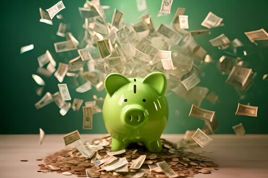 piggy bank with banknotes explosion, saving and business concept