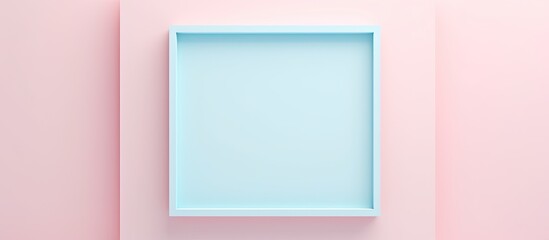 A detailed view of a blue frame hanging on a vibrant pink wall, creating a striking contrast in colors