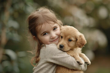 A girl gently embraces a puppy, their bond symbolizing innocent love and companionship.