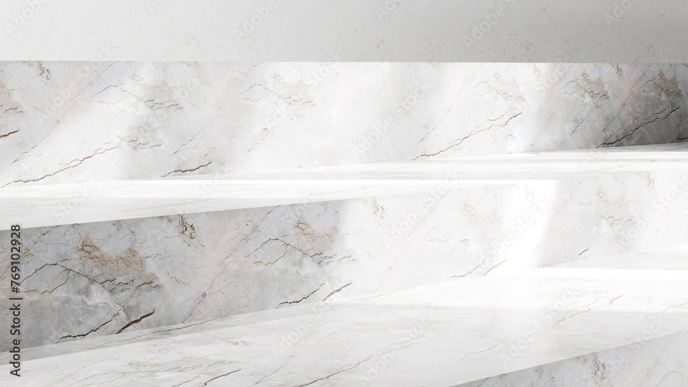 Poster Marble abstract platform steps, empty place space podium table - empty mock up display for product placement and design with sunlight beams and shadows, marble table background