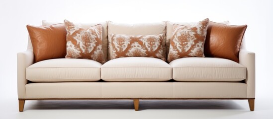 Obraz premium Close-up view of a cozy couch adorned with soft pillows against a plain white background