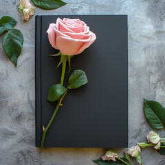 Elegant pink rose on a black book cover