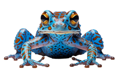A blue and orange frog perched on a white surface