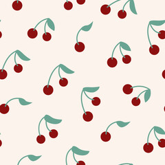 Seamless pattern with cherries and leaves. Berry fruit vector flat background in retro style