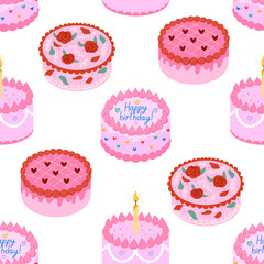 Seamless pattern with various cakes with roses, candles and hearts. Holiday birthday cake vector flat background