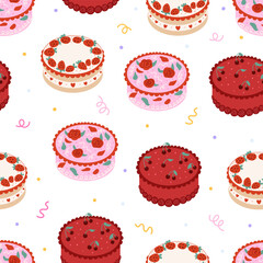 Seamless pattern with various cakes with strawberries, cherries, flowers and hearts. Holiday birthday cake vector flat background