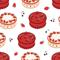 Seamless pattern with various cakes with strawberries and cherries. Holiday birthday cake vector flat background