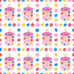 Colorful seamless pattern with flowers and cakes. Vector flat floral background