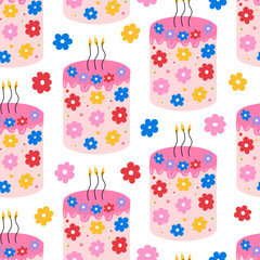 Seamless pattern with flowers and cakes. Floral vector flat background. Holiday birthday concept