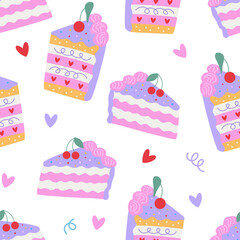Seamless pattern with colorful pieces of cakes and cherries. Vector flat background. Birthday holiday concept