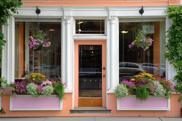  Floral Boutique Facade with Charming Storefront and Colorful Flowers. 