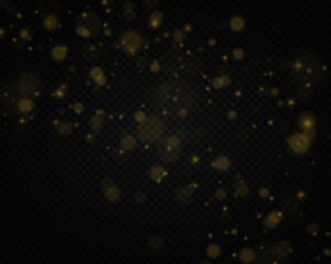 magical particles. Gold Christmas grainy abstract texture. Festive golden luminous background with colorful lights bokeh. Golden explosion of confetti. Magic concept. Vector