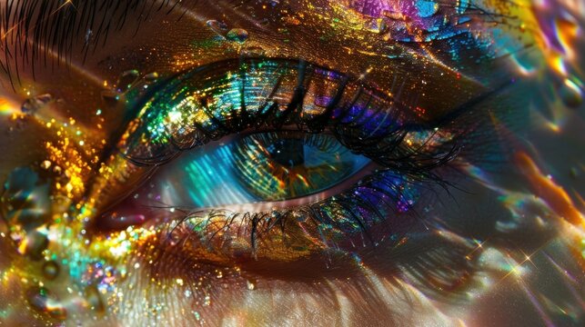 A vibrant close-up of an eye with artistic, colorful makeup