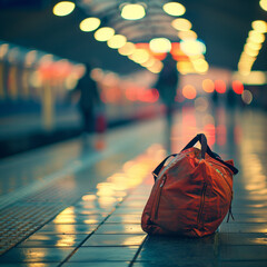 Red bag on a train platform with bustling commuters and blurred lights.