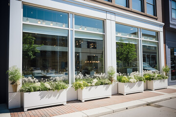 Chic Cafe Window with Stylish Planters on Urban Street. 