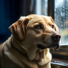 A melancholic Labrador Retriever sitting alone by a rainy green field