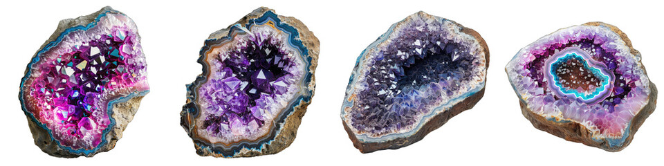 Geode with vibrant crystal formations Hyperrealistic Highly Detailed Isolated On Transparent Background Png File - obrazy, fototapety, plakaty