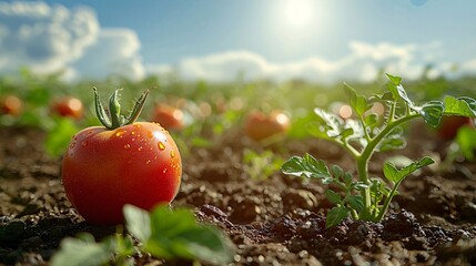 Fresh tomato with water droplets on fertile soil with sunbeam and tomato plants in the background