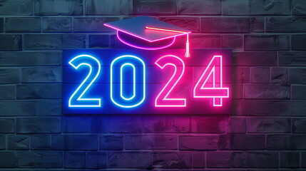 Neon sign of 2024 Graduation cap icon