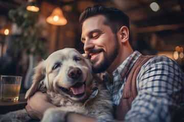 Immerse yourself in the serene moment of a dog nestled on his owner's lap in a relaxed cafe-bar environment, embodying the pure   Generative AI,