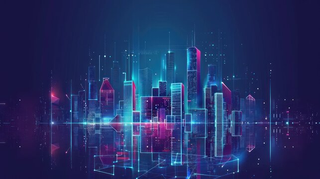 City skyline with neon lights, futuristic buildings. Skyscraper futuristic city.