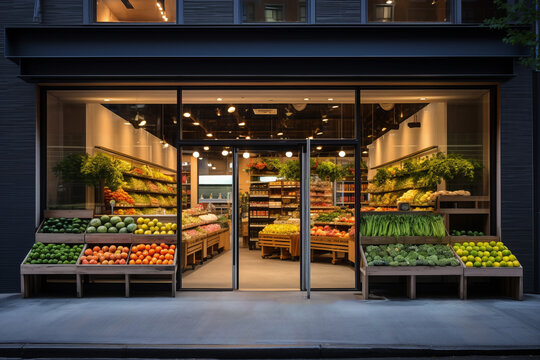 Local Grocery Storefront Offering Fresh Produce and Healthy Food. 