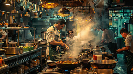 Busy Restaurant Kitchen with Chefs Cooking and Smoke Filling the Air