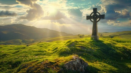Gothic celtic cross on a hill with sunshine in the blue sky. Heavenly light behind ancient symbol of faith. AI Generated - Powered by Adobe