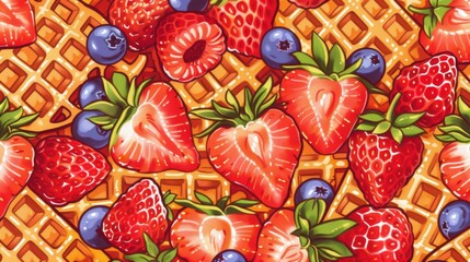 Obraz na płótnie Canvas a painting of waffles and strawberries with blueberries and strawberries on top of the waffles.