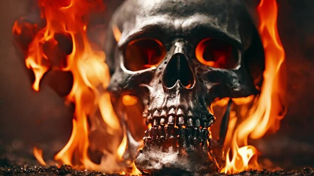 burning skull on dark background
