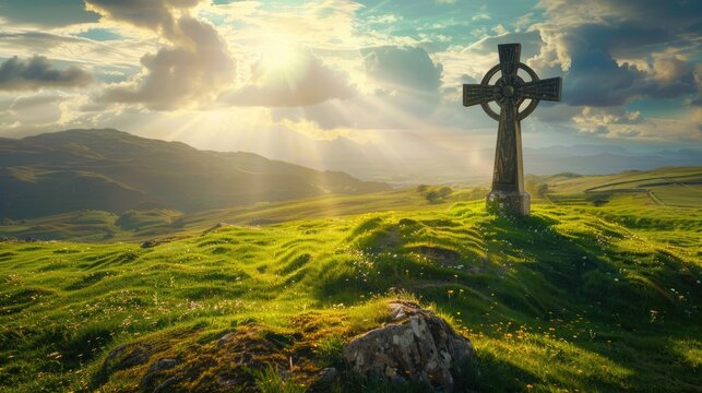 Gothic celtic cross on a hill with sunshine in the blue sky. Heavenly light behind ancient symbol of faith. AI Generated