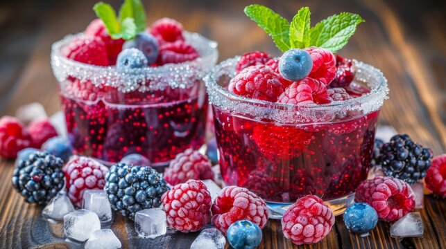  raspberries, blueberries, and raspberries in a jar with ice cubes on a wooden table.