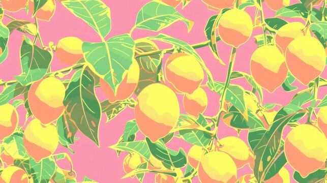  a painting of a bunch of lemons on a branch with green leaves on a pink background with a pink sky in the background.