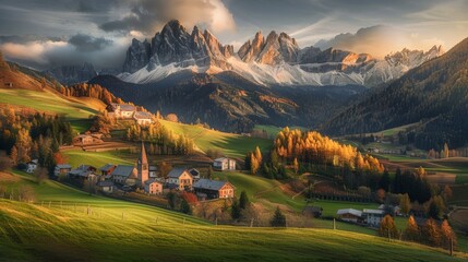 A village nestled in a valley with mountains, under a cloudy sky - obrazy, fototapety, plakaty