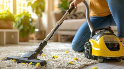 Person vacuuming a carpet at home, capturing daily chores and simple living. Domestic life captured with a modern vacuum cleaner. Regular household task. AI