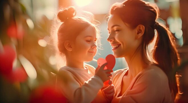 A little girl gives a card with a heart to her mother, a woman smiles and hugs a child, in a bright room on a clear morning