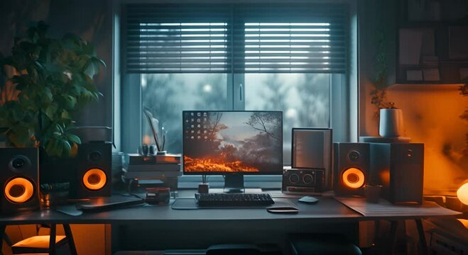 Dark-hued technology array, light from a window casting over a desktop, interplay of light and shadow, detailed with ray tracing. This composition captures a high-tech atmosphere where the sleek, blac