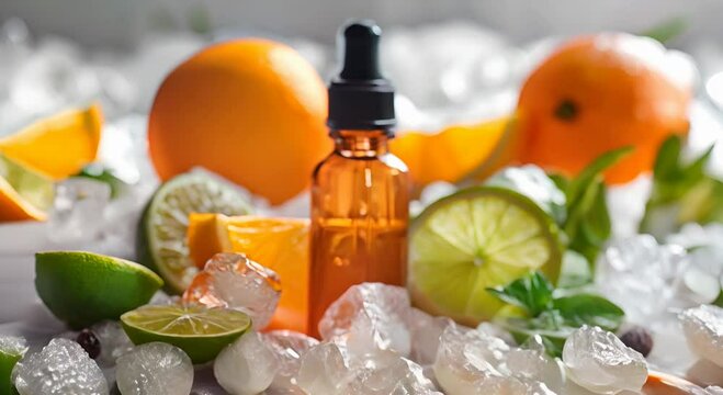 A bottle of vape Juice sitting in front of slices of lemon and lime wrapped around ice