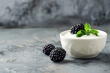 Bowl with white yogurt and ripe blackberries on grey background
