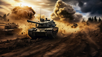 Tank in the Heat of Battle. Army Tank in Action - obrazy, fototapety, plakaty