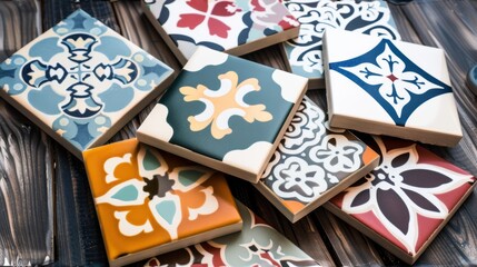 Obraz premium a close up of a bunch of cookies with different designs on them on a wooden table with a cup of coffee in the background.